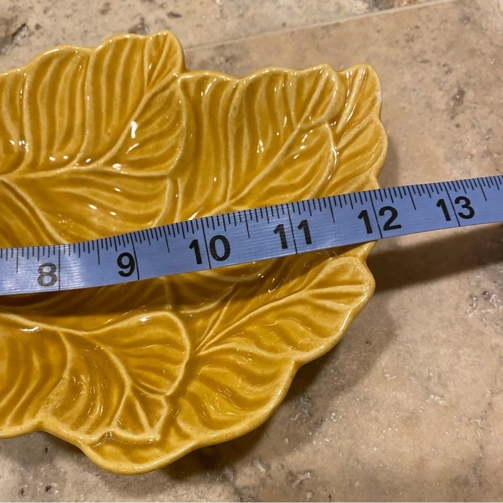 Vintage Retro USA pottery‎ two sided tray serving dish trinket yellow leaf gold